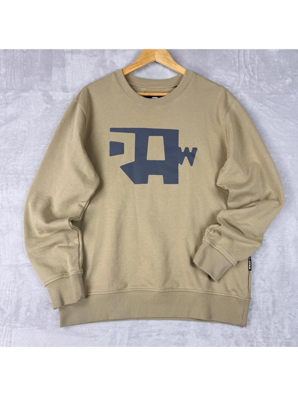 G-Star Raw Crewneck Sweatshirt Men L Beige Logo Casual Fleece Relax EverydayWear